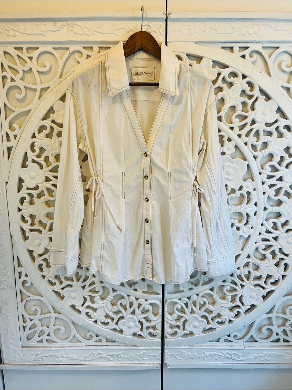 Free People We The Free Ivory Cotton Tie Waist Button Front Blouse XS